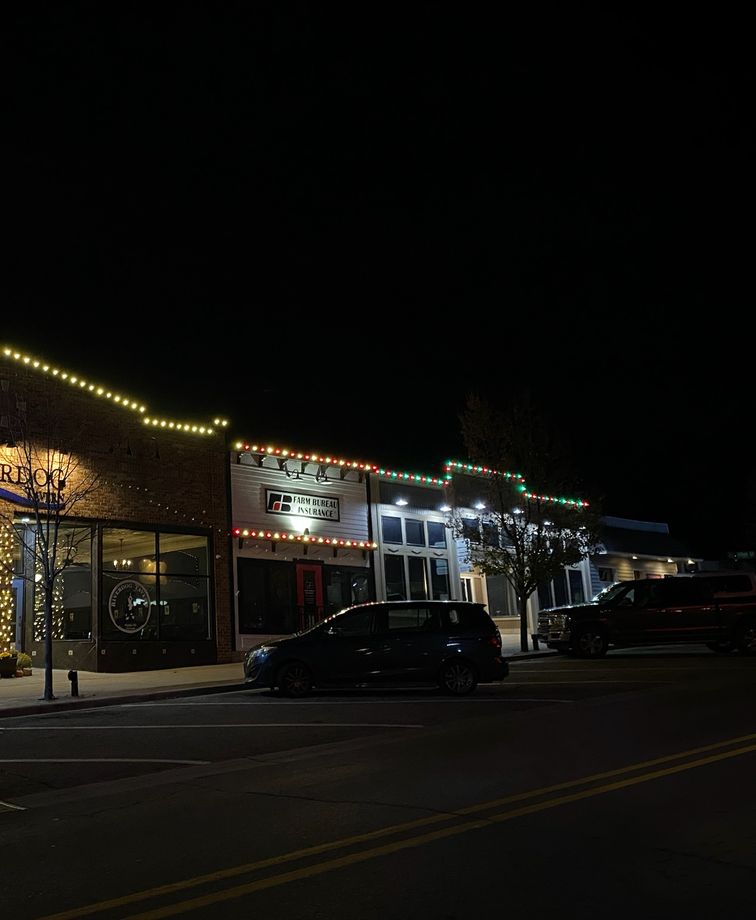 Holiday lighting on a store front