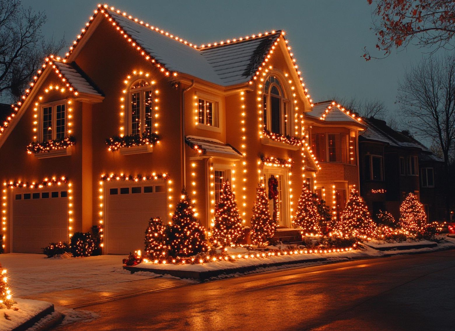 Holiday lighting on a residential home